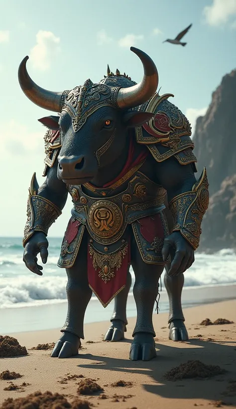 A bull dressed as a warrior on the seashore