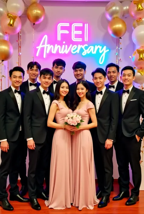 Eight Asians, consisting of six men and two women, stood together to celebrate the 1st Anniversary of their group called "FEI." Wearing elegant formal attire, the men looked dashing in black suits with white shirts and matching ties, while the two women lo...