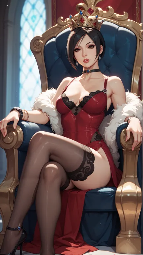 Beautiful Ada Wong, Wearing a Queen's dress and a Queen's crown, Sitting on a queen's throne , 