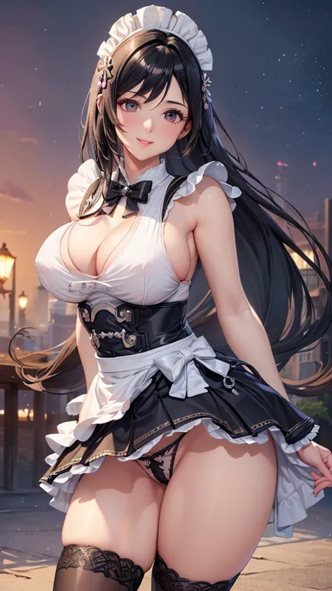 (( top quality、 Hi-Res、  very elaborate CG Unity 8K wallpaper  ))、 Fascinating Lips、 detailed face、 perfect body、  Unrivaled Beauty  、ブロンド、 beautiful breasts、 leg、Embarrassing Sensual Smile 、Maid、 skirt by humili、(( she shows her panties and seduces))