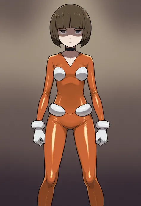 {{{Brock (pokemon)}}}, neutral, expressionless, standing, looking at viewer, (((blunt cut, bob, blunt bangs, bob cut))), wiry, gloves, choker, orange latex,,Shaded face, empty face, brown hair, rolling eyes, no pupils, 1girl, solo,