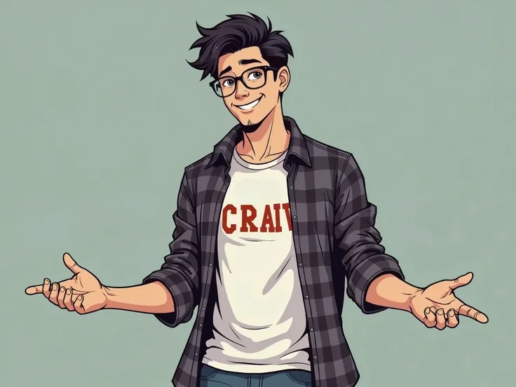 MC character for tiktok channel 2 hands open sincerely ,  asian  , Black hair ,  wearing glasses,male height 1m8 ,age 25-28 , moderate figure ,wear a white collarless t-shirt, over a dark plaid shirt,roll up sleeves ,  Jeans ,  channel in a fun style,  com...