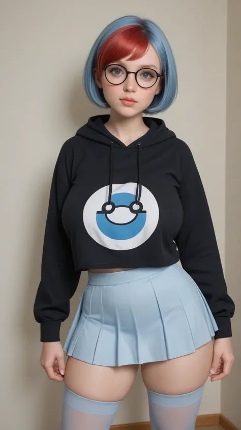 (((cute girl wearing low cut black hoodie with pokeball symbol on it), (Penny from Pokemon Scarlet), short bob haircut, pixie haircut, half red hair, half blue hair, round frame glasses, extra short skirt see thru, beautiful eyes, boobs too big for body, r...