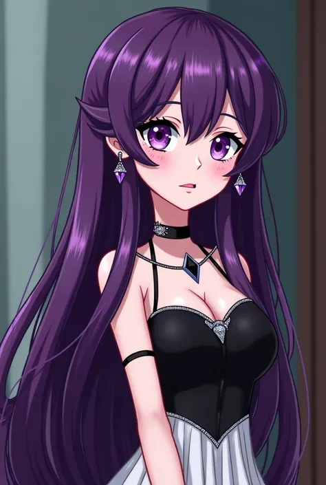 A female with long amethyst colored hair with black highlights, purple eyes with diamond pupils, a black and white ball gown dress, a string necklace with a black diamond in the middle, purple diamond earings, similar design to the human version of Bill Ci...