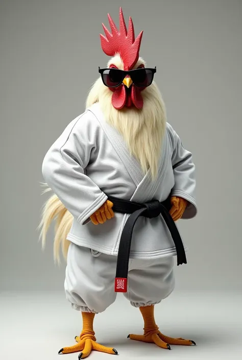 Rooster wearing dark glasses white jiu-jitsu kimono and black belt with red tip 