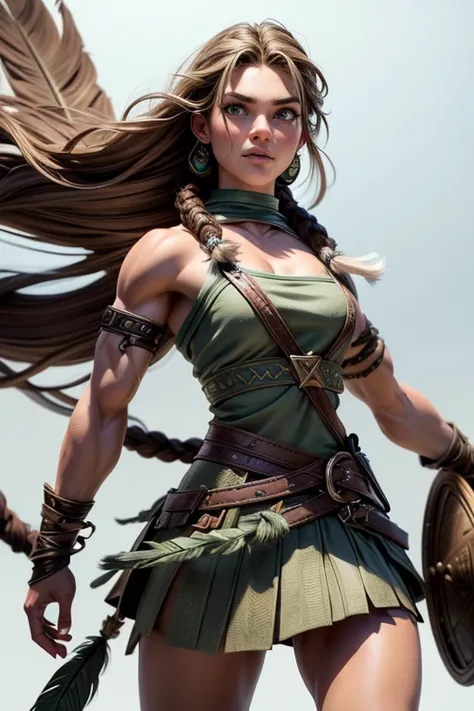  young warrior of Nordic descent ,  green eyes, muscular, fur skirt,  brown hair color,  loose hair with small braids on the scalp, strappy feather top ,  composition epic character,  natural lighting ,  sharp focus ,  Ultra Resolution ,  plain white backg...