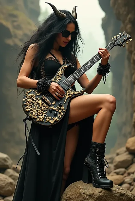 Demon woman with black hair in black and gold dress that has a thigh split, wearing black sunglasses while shredding on guitar made out of bones, with one leg on a rock whike her demon throne world is in the backround