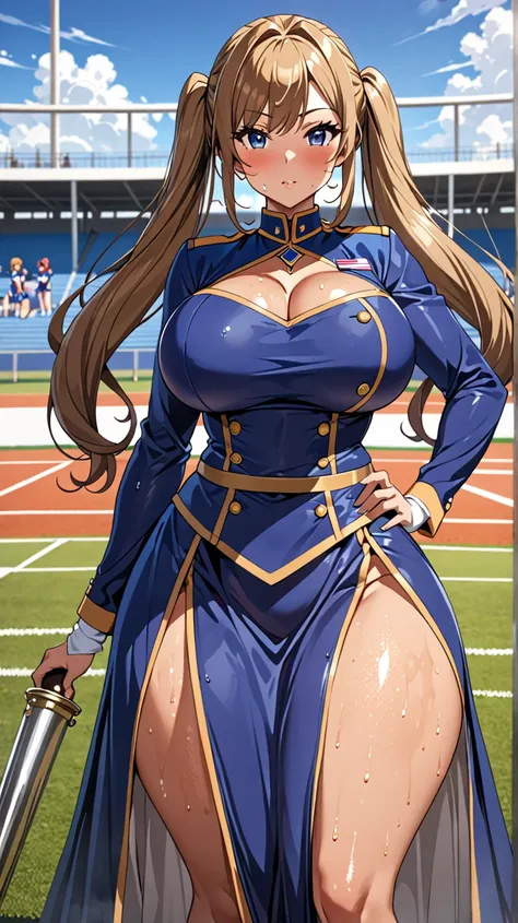 (masterpiece, very high definition, HD 12k resolution, anime style HD 32k). Sweaty, voluptuous milf, with a pronounced hourglass figure, she wears a tight majorette uniform with a loose and wide skirt, she has a hairstyle with 2 very long pigtails, her hai...