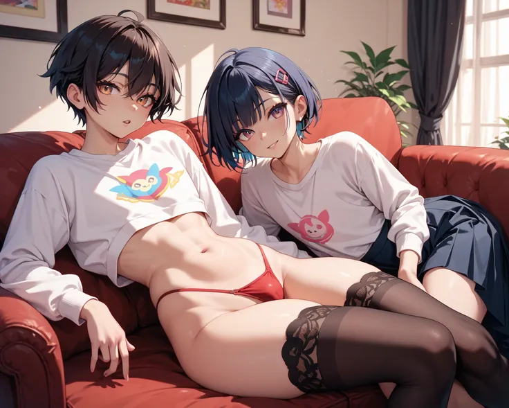 2 femboys ,  on the hips black very short hair,  on legs,  red thong, long skirt,  wide hips, with tummy ,  black lace stockings , каблуки  on legs, white sweatshirt