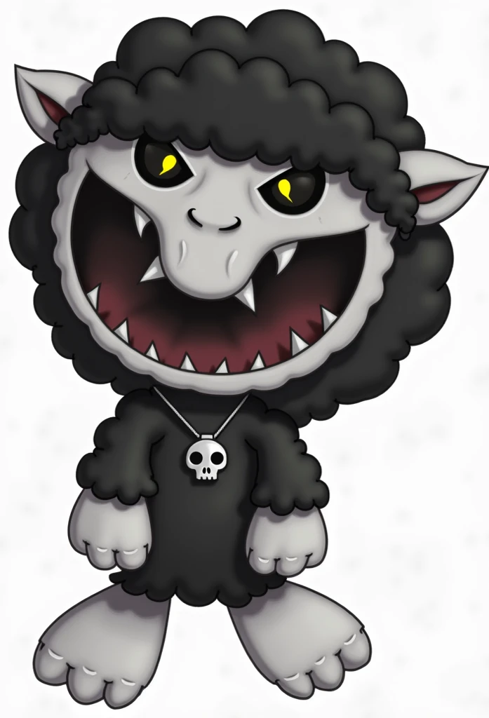 An anthropomorphic sheep with black fur, a white face and large sharp teeth. A silver skull pendant hangs from her neck. Her eyes are glowing yellow, and her expression is cold and distant. She stands in a dark forest, surrounded by fog, with clawed paws r...