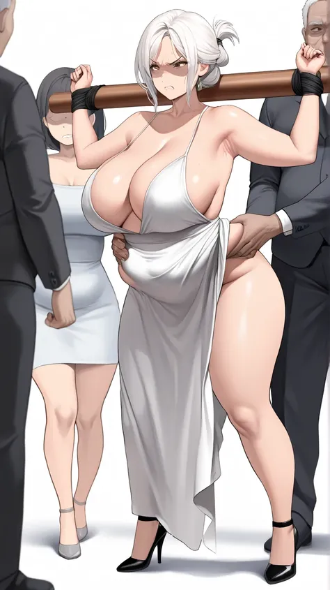 (( top quality)), (( masterpiece)), ( Detailed ), Two people ,  hot and sexy girl ,  huge boobs,  chubby body,  Milf,  middle-aged woman,  white hair,  short hair,  hair tied up, Dress, Slightly angry expression,  black high heels,  lift your arms to show ...