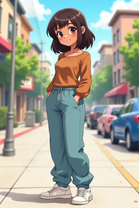  anime style, A girl with brown skin ,  defined eyebrows,  big, full lips ,  a slightly round face ,  very dark brown hair ,  dark brown eyes , wearing light blue cargo pants and a half-wide brown blouse with sleeves ,  and a white sneaker , Loose hair,  c...