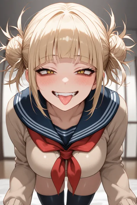 toga himiko, boku no hero academia, 1girl, bangs, black sailor collar, black thighhighs, blonde hair, blue sailor collar, blunt bangs, blush,, brown cardigan, cowboy shot, double bun, grin, hair , yellow eyes , long sleeves, messy hair, narrowed eyes, smil...