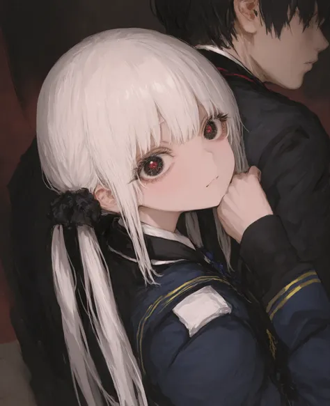  top quality,  Masterpiece,  748cm style ,  v overeye ,1 boy with black hair and big eyes, and 1 girl with white hair and twin tails,Both of them are blazers and uniforms, back to back 