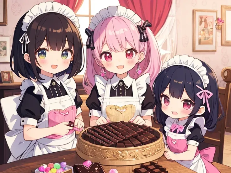  look,  smiles, ribbon, ribbonヘアアクセサリー,  maid head accessory,  Shortcut,  heart-shaped earrings ,  Glitter Effect , A variety of adorable chibi-style girls made entirely of chocolate, dressed in cute and frilly maid outfits. Each has unique hairstyles and ...