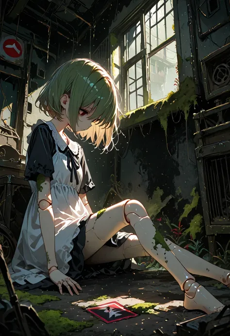 1girl, wide lens, doll joints, empty eyes, abandoned, abandoned place, amputated arm, short hair,indoor,, outstreched leg, window, shadow, ,(moss:1.33), looking down, dress, "error sign",sitting,on knee,deep light,(Masterpiece, best quality, amazing qualit...