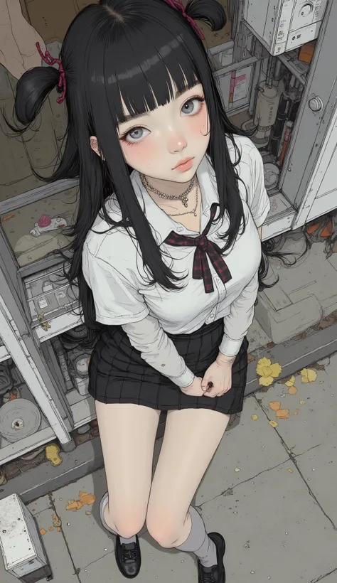 Fisheye、from above、 ALAFIF ASIAN WOMAN IN SHORT SKIRT AND WHITE SHIRT,  A picture inspired by Yuki Ogura, Tumbler,  what is it ？,  twin tails on legs,  twin tails on legs hairstyle,  anime girl cosplay ,  Japanese high school girl's uniform,  Beautiful Ani...