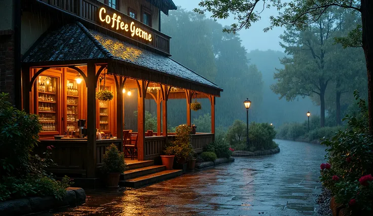 Raindrops falling on a romantic coffee shop on a rainy, cloudy day, surrounded by a garden with trees and a forest, with no people visible,night.