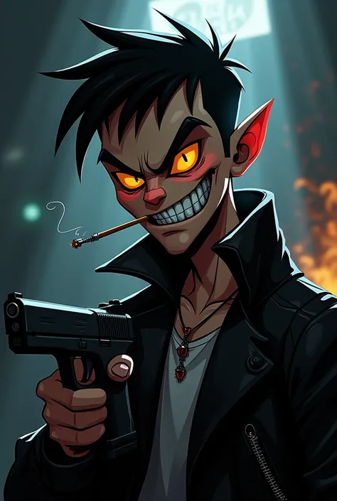 Create a wild card cartoon with an evil face with a cigarette in your mouth and a gun in your hand 