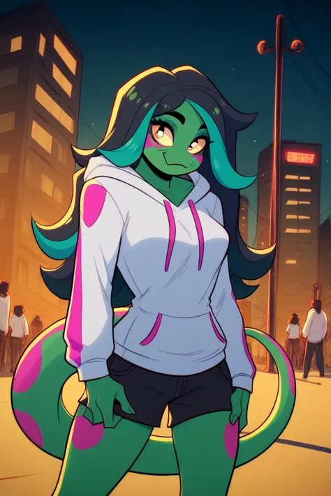 1girl, solo, green skin, adult female, day gecko, not human, anthro, wavy black hair, teal highlights, sexy, black hair, long hair, punky street wear, posing, pink markings, Outdoors, city at night, white hoodie, pink trim, bright gold eyes, long simple ta...