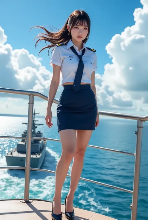 Sexy beautiful Japanese woman, a self defense officer uniform, wearing a white short-sleeved shirts, navy blue tie, navy blue pencil skirt, Black patent high heels, beautiful hip-line, Beautiful thighs, a woman is in a watchtower set up near the top of the...