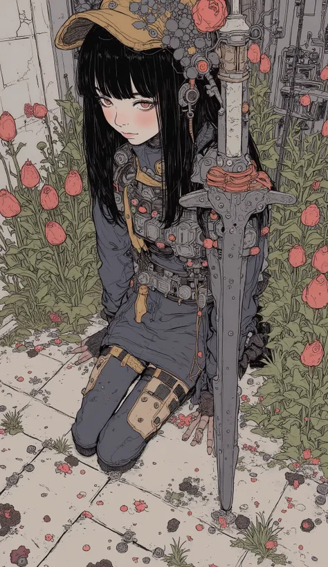 fish eye、from above、Close up of a person kneeling on the ground and holding a sword, Like a female mechanic, Baseball cap、 bangs with lots of flowers 、 Mechanized Valkyrie Girl,  ANIMATED ART WITH BEAUTIFUL DETAILS ,  vanilla ware artwork ,  Fleet Collecti...