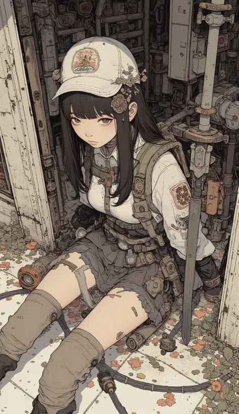 fish eye、from above、Close up of a person kneeling on the ground and holding a sword, Like a female mechanic, Baseball cap、 bangs with lots of flowers 、 Mechanized Valkyrie Girl,  ANIMATED ART WITH BEAUTIFUL DETAILS ,  vanilla ware artwork ,  Fleet Collecti...