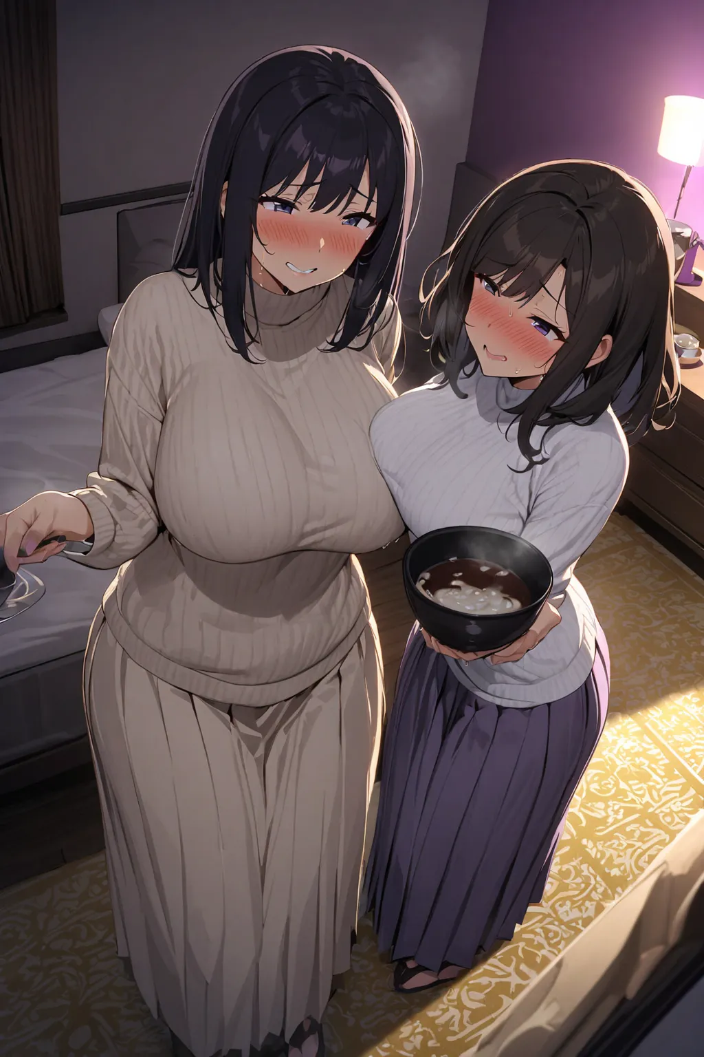 at bedroom in vulgar hotel,(2women),dark purple light,detailed background,golden bedspread,,medium straight hair,black hair,japanese mature female,voluptuous body,white sweater,long skirt,,pleated skirt,blush,sweaty,embarrassed smile,medium hair,aroused,(d...