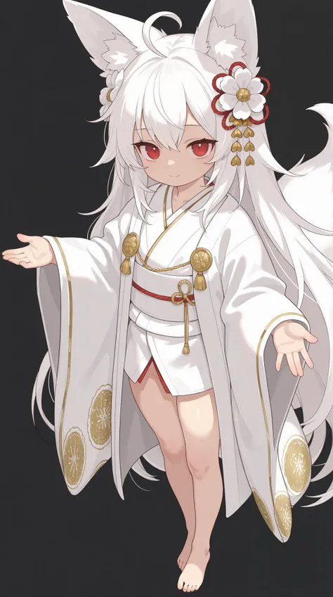 1girl, ahoge, very long hair, white hair, red eyes, look at viewer, closed mouth, loli, japanese clothes, white kimono, white clothes, haori, light skin, Immaculate skin, wide sleeves, smile, barefeet, black background, simple background, standing, fox ear...