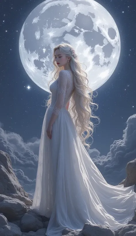       fantasy　   Moon and shooting stars  　      beautiful、Artemis in Greek mythology young and      beautiful　Moon Goddess　    long blonde 　      black long dress　        high image quality  、      high quality、    very detailed that   、4K8K HIGH DETAIL  ...