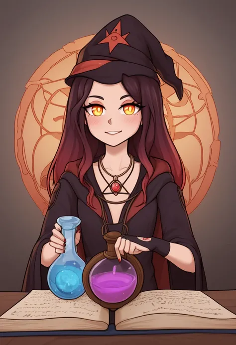 depicts a modern-day witch who has embraced the world of cybernetics to enhance her magical abilities. The artwork should convey the enchanting blend of traditional witchcraft and futuristic technology. Here are some specific elements to include: The Witch...