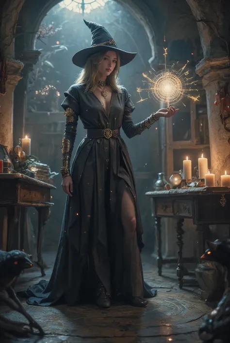 depicts a modern-day witch who has embraced the world of cybernetics to enhance her magical abilities. The artwork should convey the enchanting blend of traditional witchcraft and futuristic technology. Here are some specific elements to include: The Witch...