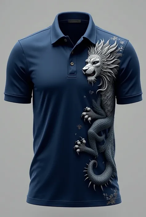 Create a navy blue polo shirt with off-color details, And put on Dragon Style, Or an average-sized lion