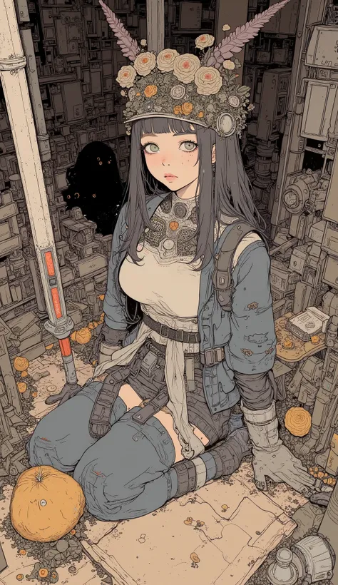 fish eye、from above、facing up、Close up of a person kneeling on the ground and holding a sword, Like a female mechanic, Baseball cap、 bangs with lots of flowers 、 Mechanized Valkyrie Girl,  ANIMATED ART WITH BEAUTIFUL DETAILS ,  vanilla ware artwork ,  flee...