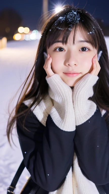  take a selfie 、  cute Japanese girl looking up at the starry sky at night ,   black hair, Moderate ,  high school,  High Quality Pictures 、Cover your face a little with your hands、winter,Kiss, look, Snow chest,  top quality,  illustration,  light clothing