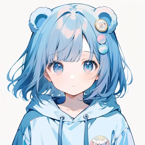 one girl, long hair, pastel color, portraits, medium breasts, simple background, (watercolor:0.5)、 wide angle shot , blue bob cut hand drawn cartoon girl with melancholy atmosphere, blue sky, bear ear hood , can badge decoration , white bear hoo...