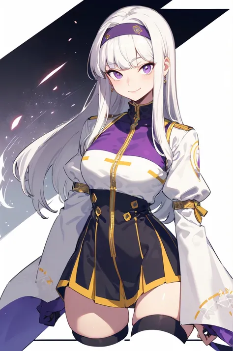  Super detail ,  Masterpiece,  Best Quality ,
 alone ,
 Facing the viewer ,
 Gentle smile ,  Smiling light ,
 1girl ,  purple eyes, Bangs,  Medium Chest , long hair,  white hair,
headband,  High Ponytail, High waist skirt, White High Neck Top, 3/4 Sleeves ...