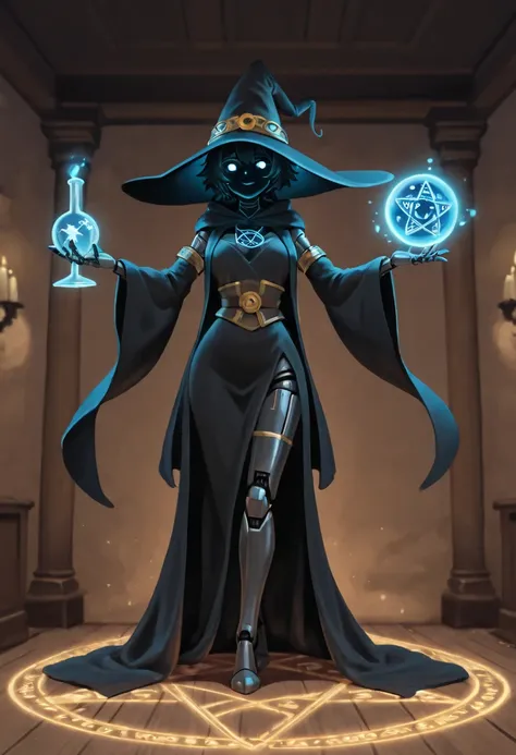 depicts a modern-day witch who has embraced the world of cybernetics to enhance her magical abilities. The artwork should convey the enchanting blend of traditional witchcraft and futuristic technology. Here are some specific elements to include: The Witch...