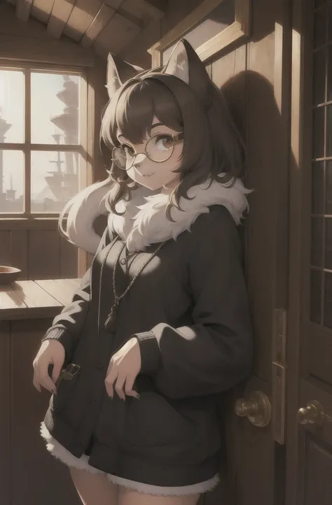 masterpiece, best quality,1girl,furry,ship,manul girl,side of door,
perfect light,glasses,animal nose,solo,detail fur
adorable,black ,glasses, looking at viewer, 
 