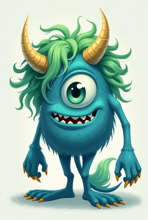 Make a monster with one star shaped eye,monster should have 1 leg,2flippers,green hair,hair type should be medium length and curly color of the monster should be blue and lastly monster should have a one horn Only one horn and one leg