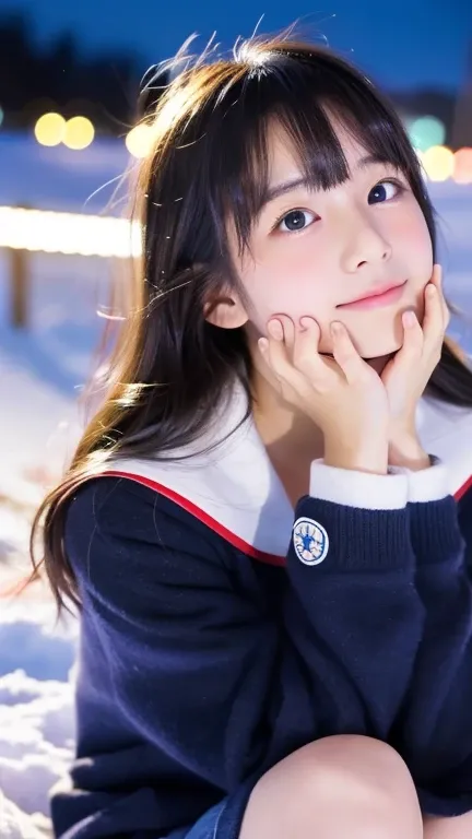  take a selfie 、  cute Japanese girl looking up at the starry sky at night ,   black hair, Moderate ,  high school,  High Quality Pictures 、Cover your face a little with your hands、spring,Kiss, look, Snow Chest ,  top quality,  light clothing、barefoot、 cam...