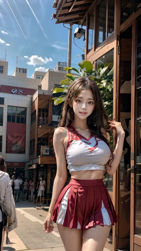 A beautiful young Japanese woman, 20 years old, with perfect anatomy, healthy thighs, beautiful feet, flawless skin, random hair color and style, large bust, (she is standing:1.2), wearing a cheerleader uniform with micro-pleated miniskirt, in a full body ...