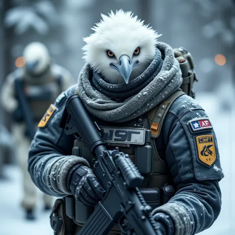  Include a spec ops white feathered anthropomorphic Crow special agent. Donned in modern tactical armor. Include the name "MSF" on uniform shoulder. Include the name "Crow" on armor. A sinister smile on his face. cool crow, Spec Ops logo, assault rifle, Mi...