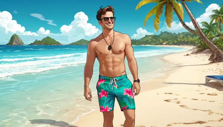 Mr. Fresch is a 30-year-old man with an alternative appearance and clothing. It has a youthful but sophisticated air. Create an image of Mr Fresch in a swimsuit on a Caribbean beach. The background must be clean and of the highest quality, representing a m...