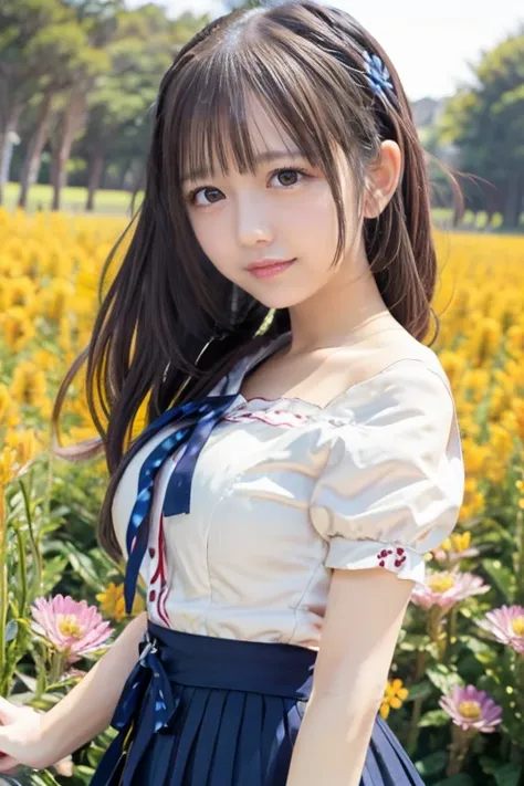   Japanese women are like idols ,  long hair ,   Straight Hair , round face ,  bust up ,   sailor suit   ,   as pictured , ,  medium breasts,  Viewer,  front body,  colorful flower field,romantic sunset, Viewerを見る, close-up,