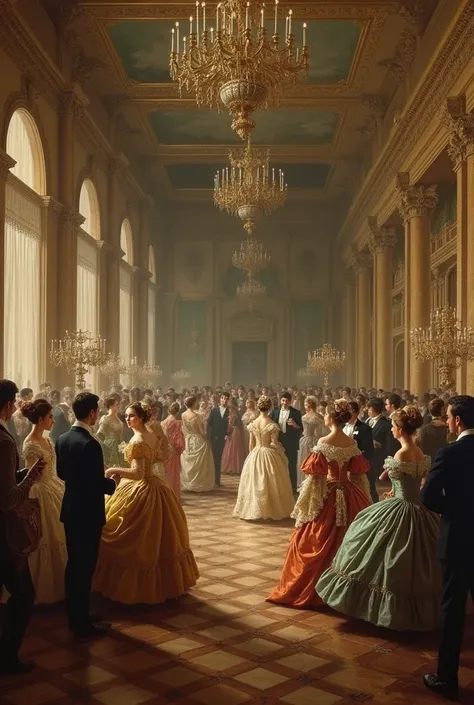 Create an old painting of a royal ball