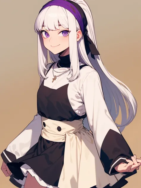  Super detail ,  Masterpiece,  Best Quality ,
 alone , Facing the viewer , Smiling light ,
 1girl ,  purple eyes, Bangs,  Medium chest , long hair,  white hair,
headband,  High Ponytail,  Black High Waist Skirt, White High Neck Top,  3/4 Long Sleeves ,wide...