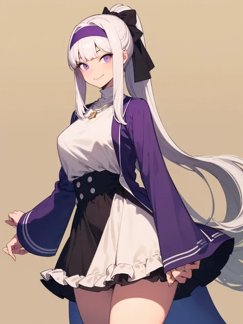  Super detail ,  Masterpiece,  Best Quality ,
 alone , Facing the viewer , Smiling light ,
 1girl ,  purple eyes, Bangs,  Medium Chest , long hair,  white hair,
headband,  Ponytail,  Black High Waist Skirt, White High Neck Top,  3/4 Long Sleeves ,wide slee...