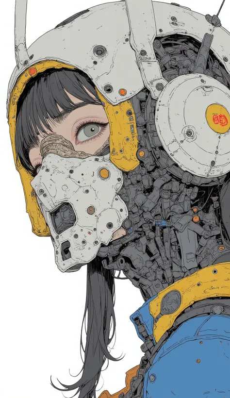 fish eye、a close up of a drawing of a robot with a helmet on, Shirou Masamune, a close-up of a woman in a blue and yellow costume ,  pixiv contest winner, creation, # Mecha, Mecha inspired, anime Mecha aesthetic, cool Mecha style, japanese Mecha, Mecha ast...