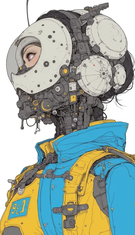 fish eye、a close up of a drawing of a robot with a helmet on, Shirou Masamune, a close-up of a woman in a blue and yellow costume ,  pixiv contest winner, creation, # Mecha, Mecha inspired, anime Mecha aesthetic, cool Mecha style, japanese Mecha, Mecha ast...